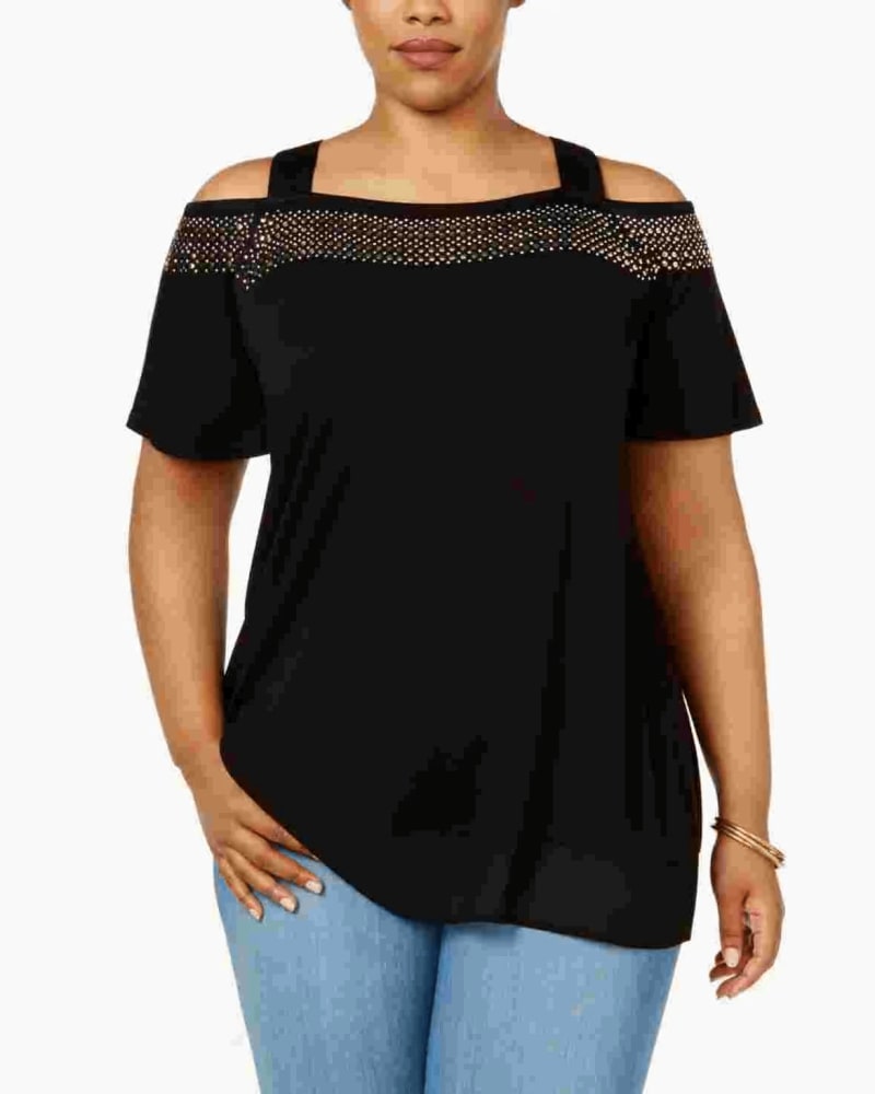 Front of a model wearing a size XL Belldini Women's Plus Cold Shoulder Top Black Size XL in Black by Belldini. | dia_product_style_image_id:311042